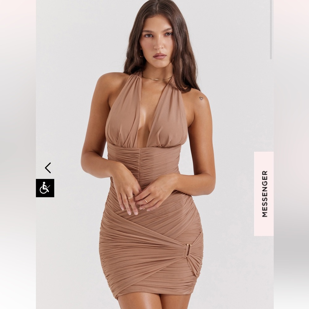 House of CB HAZELNUT GATHERED MINI DRESS SIZE LARGE